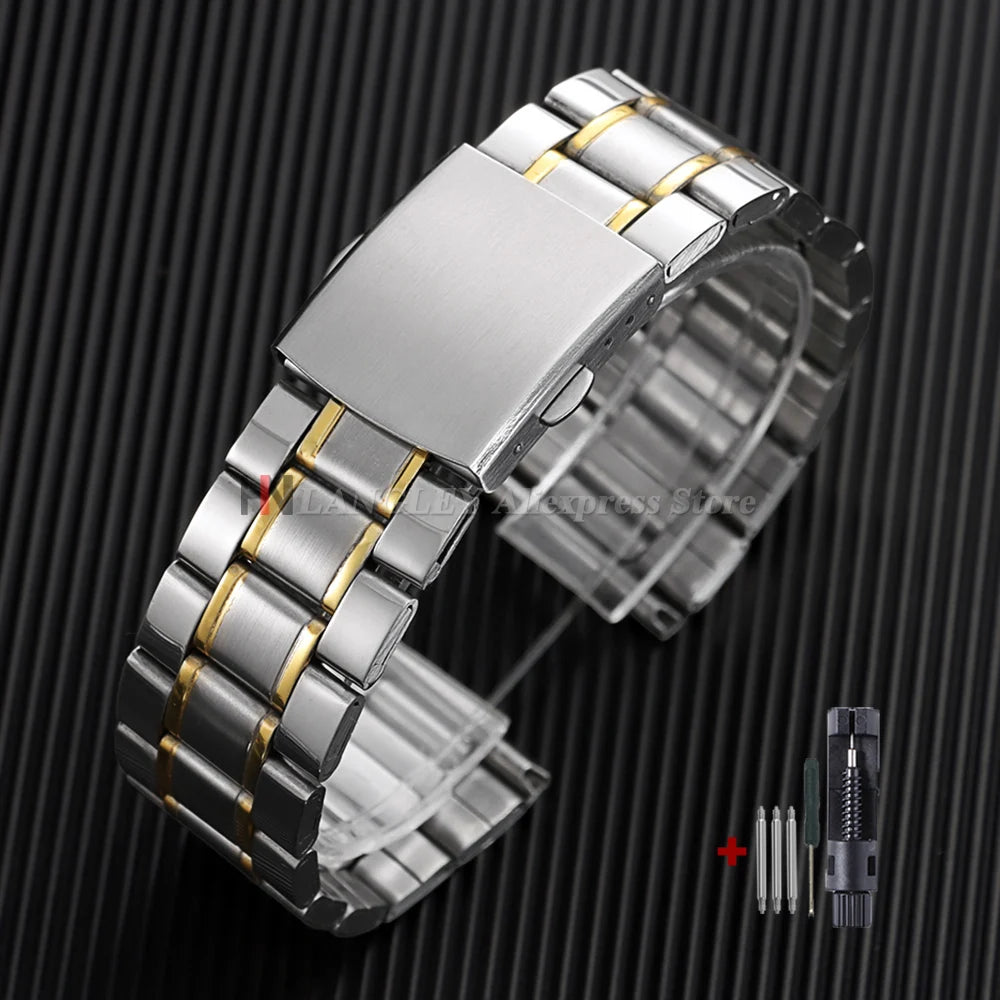 Stainless Steel Watchband 12mm 14mm 16mm 18mm 20mm 22mm 24mm Metal Watch Strap Lock Buckle Adjustable Wrist Bracelet Replacement