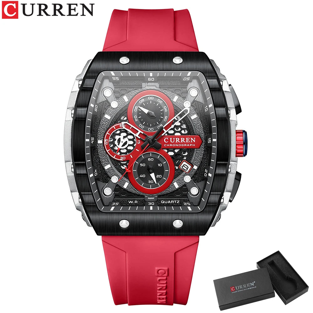 CURREN Sports Unique Rectangular Watches with Large Dial Casual Quartz Silicone Bands Wristwatches with Auto Date