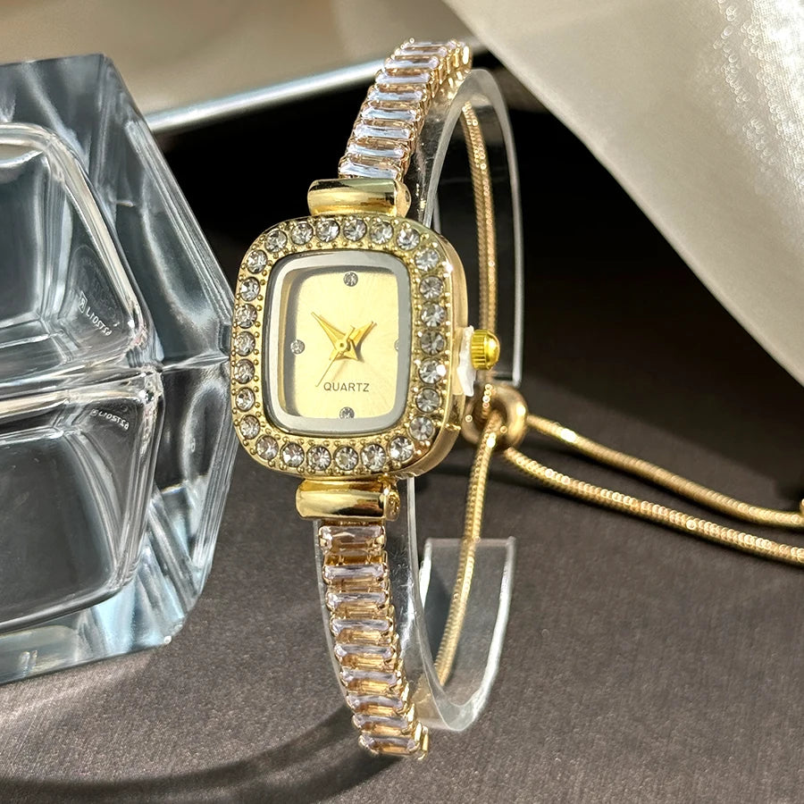 Women's Inlaid Zircon Flexible Pull out Bracelet with Diamond Square Alloy Case Rhinestone Scale Simple Dial Quartz Watch