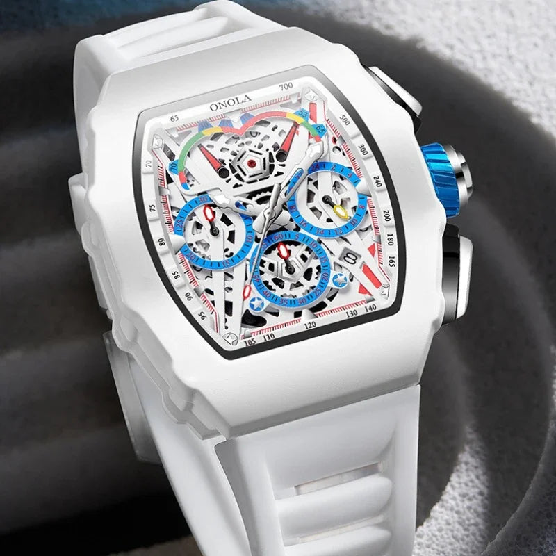 Gift Box for Man ONOLA 6827GM Trend White Quartz Wristwatch Silicone Strap Chronograph Luminous Waterproof Men Watch