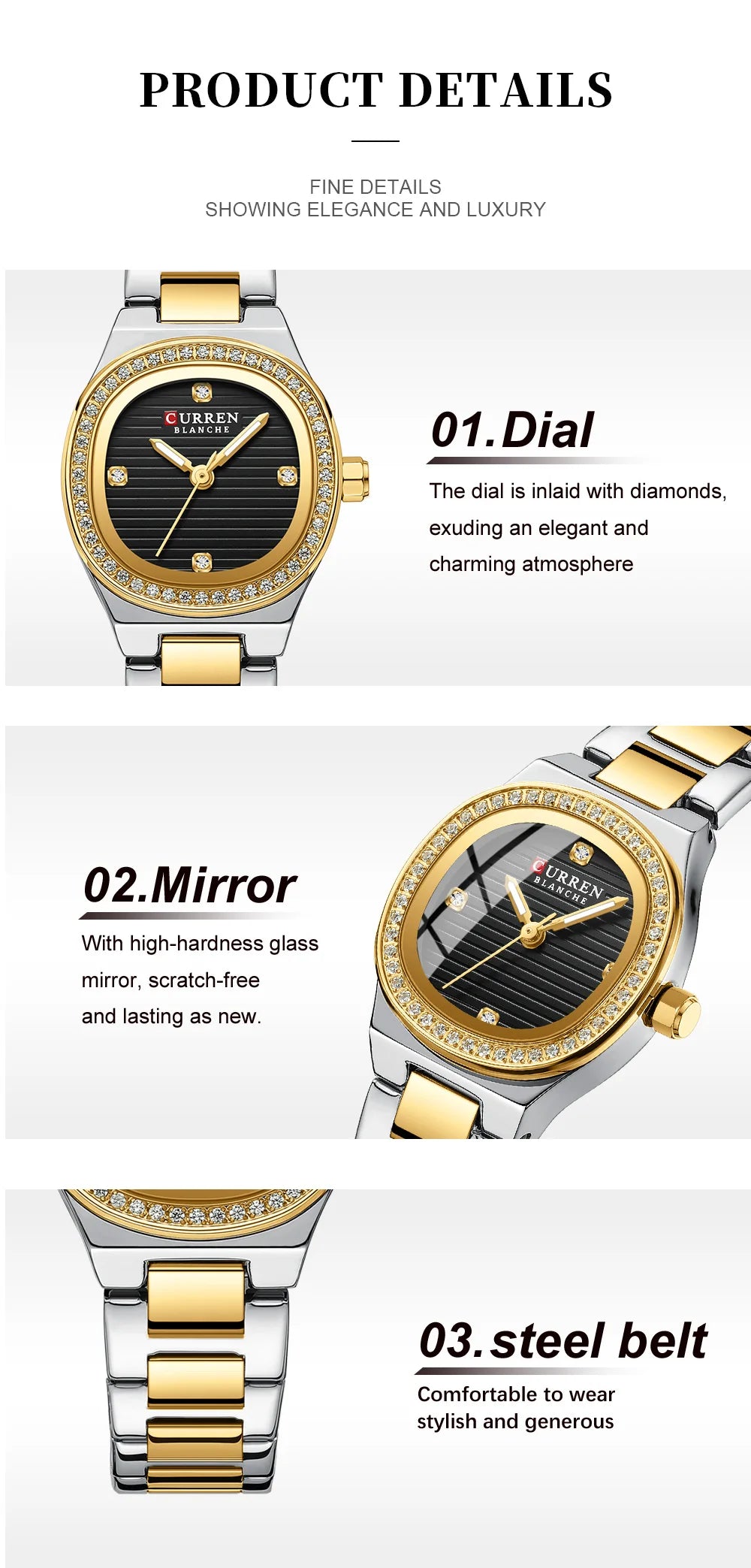 CURREN Fashion Casual Quartz Wristwatches for Women Simple Dress Watch Ladies Stainless Steel Bracelet with Luminous Hands
