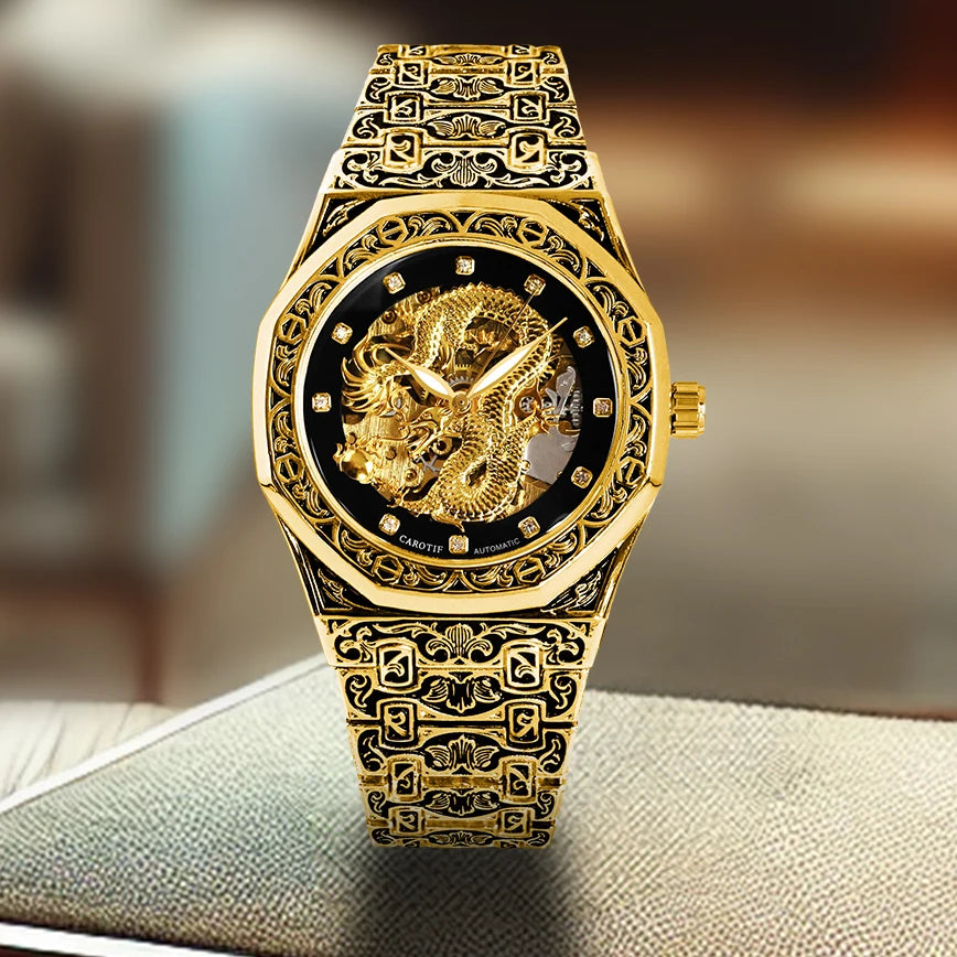 New Men's Watch with Gold Steel Strip, Business Style, Exquisite Carving Pattern, Big Golden Dragon Night Light Mechanical Watch