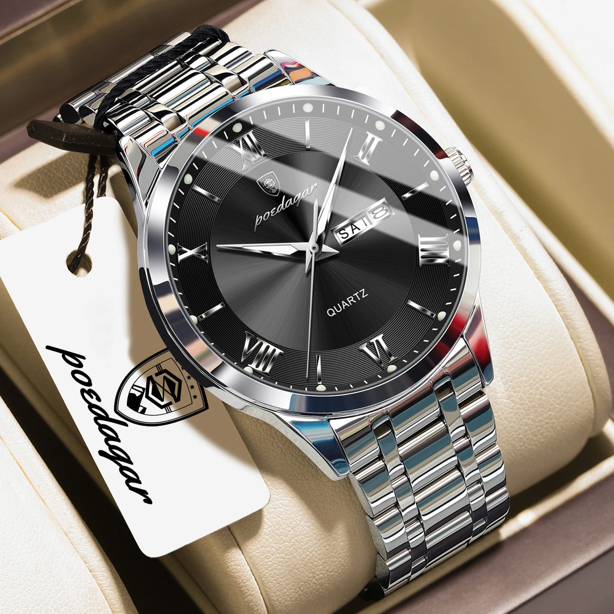 POEDAGAR Business Sports Man Wristwatch Waterproof Luminous Week Date Fashion Men's Clock Stainless Steel Quartz Watches For Men
