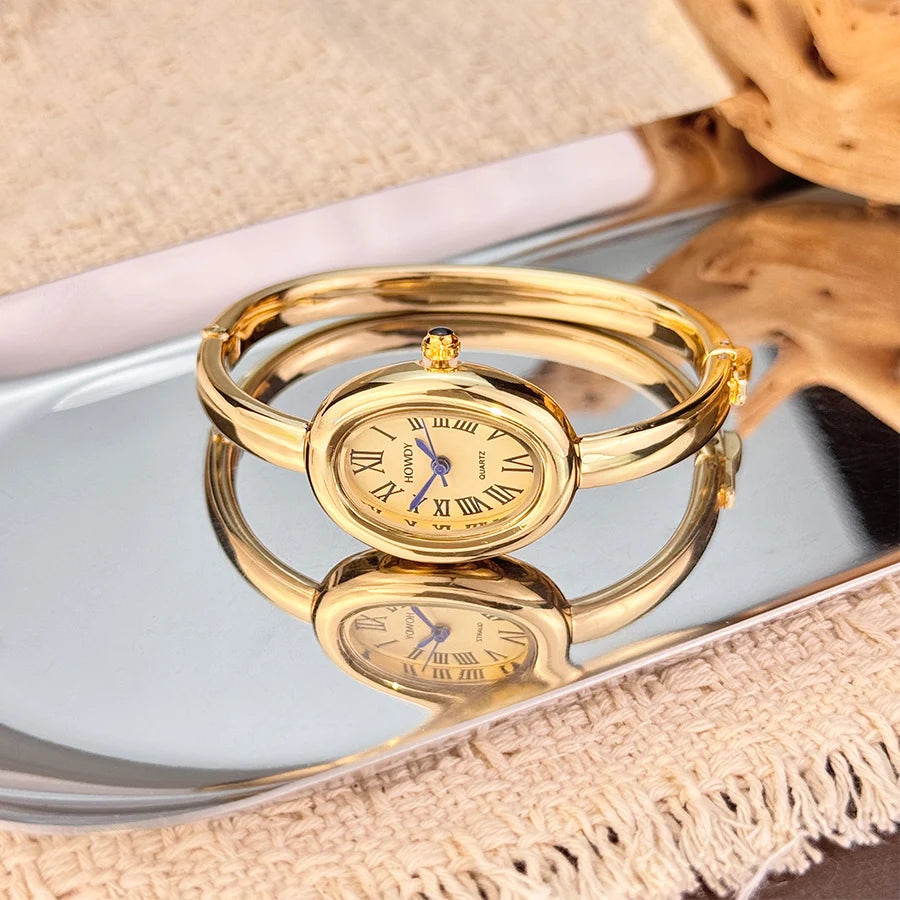 Elegant Roman Numeral Dial Quadro French Style Ladies Quartz Watch Bрасlet with Oval Bath Alloy Band Slimming High-End Sensation