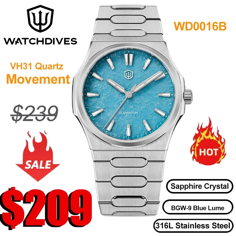 Watchdives Premier WD0016B Square-Block Faceted Dial Original Design Watch VH31 Sweep Second Quartz Movement 39mm Men Watches