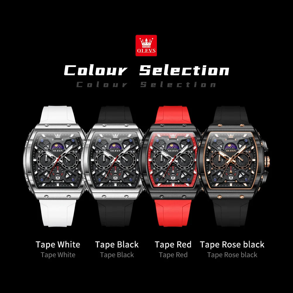 OLEVS 2942 New Mens Watch Original Quartz Watch Hollow Out Watches Waterproof Luminous Watches For Men Moon Phase Silicone Strap