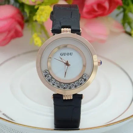 Fashion GUOU Brand Women Rolling Drill Dress Watches Luxury Quicksand Casual Clock Genuine Leather Rhinestone Lady Wrist Watches