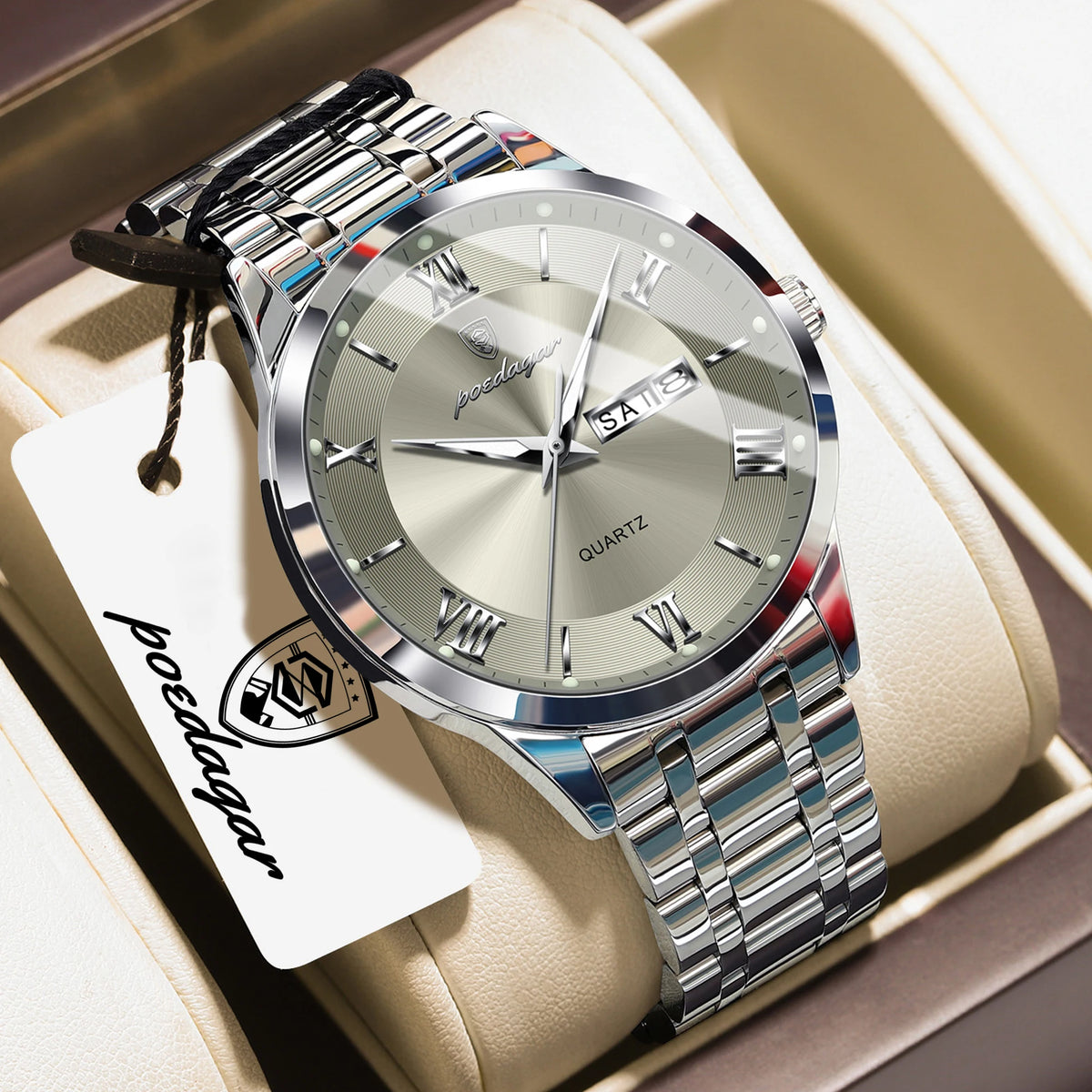 POEDAGAR Business Sports Man Wristwatch Waterproof Luminous Week Date Fashion Men's Clock Stainless Steel Quartz Watches For Men