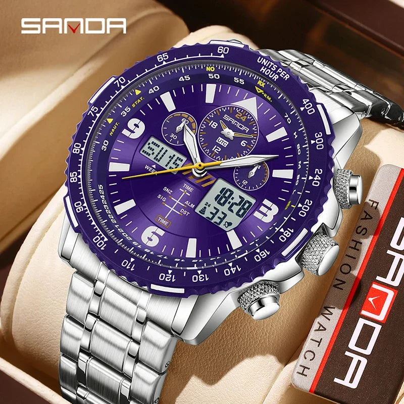 SANDA men's stainless steel multifunction chronograph quartz watch